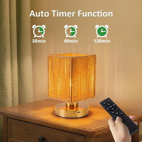 6000mah 3 Dimming Bulb Rattan Table Lamp, Battery Operated Table Lamp, Boho Small Desk Lamp, Brightness for Bedroom