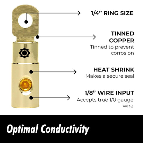 InstallGear 4 AWG Gauge Gold Ring Set Screw Battery Ring Terminals - 4 Pack, 4 Gauge Wire Connectors