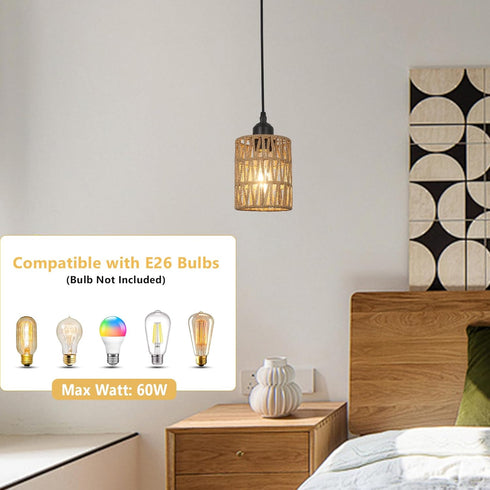 1-Light 4.75.9in 61in LAMSU Rattan Pendant Lights, Boho Farmhouse Pendant Lighting with Hand Woven Shade, Small Wicker