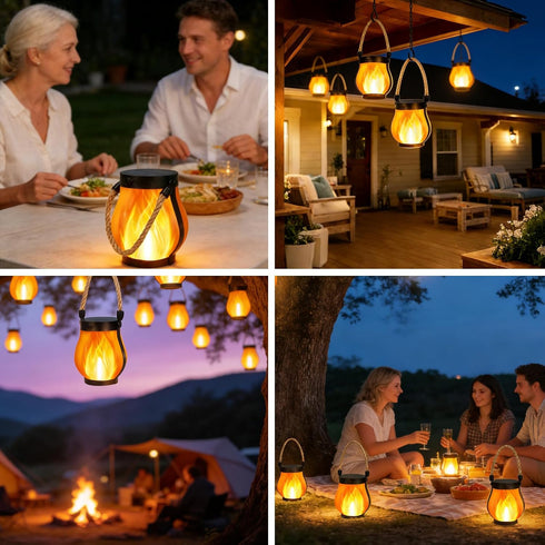 2 Pack 2 Upgraded Solar Lanterns, Solar Lights Outdoor, Solar Flame Lanterns, Lighting Modes & Dual Charging Way USB