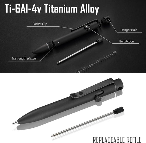 KeyUnity KP04BK Bolt Action Pen, Titanium Alloy EDC Pocket Pen, Retractable Metal Ballpoint for Everyday Carry