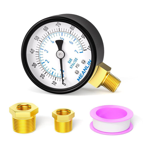 MEANLIN MEASURE 0-100Psi 2" DIAL FACE Well Pump Pressure Gauge, with 1/4" NPT and 3/8" NPT Hex Bushing
