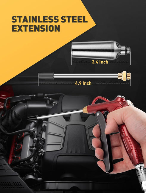 High Volume Air Blow Gun, Retro Red with Powerful Flow Nozzle, 4.9" Stainless Steel Extension & 1/4'' Quick Plug