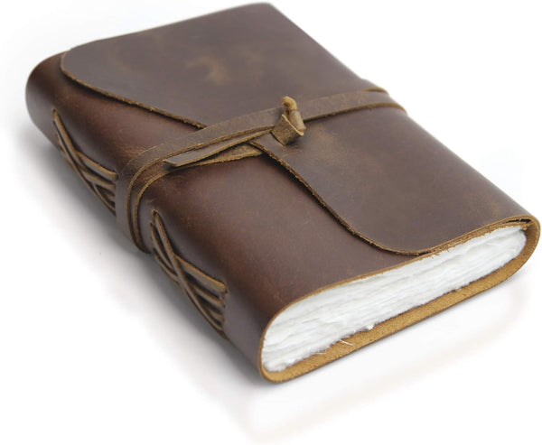 WANDERINGS Vintage Leather Journal - Handmade Leather Bound Notebook with Ivory Deckle Edge Paper, Perfect for Travel