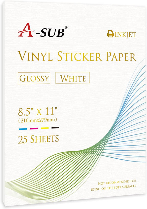 Vinyl Sticker Paper by A-SUB, 25 Sheets for Inkjet Printer, Glossy Waterproof 8.5x11 Inch for DIY Decals