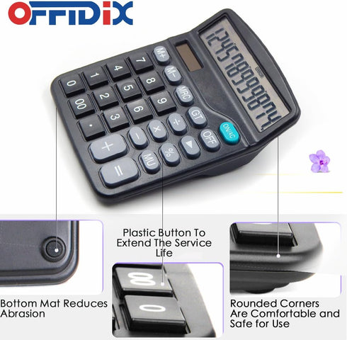 OFFDIX Office Desktop Calculator - Solar and Battery Dual Power, Portable 12 Digit Large LCD Display