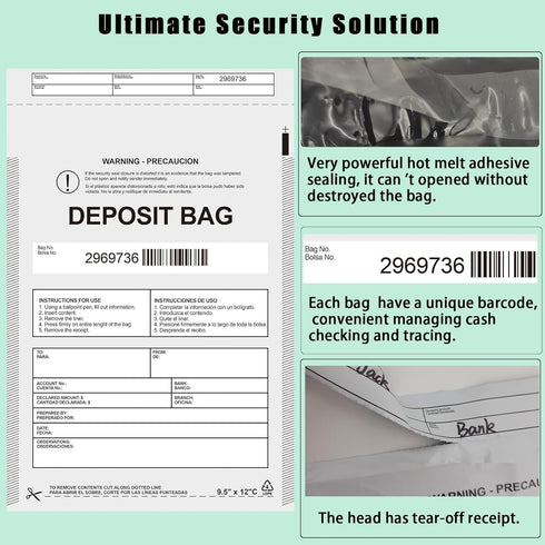 Plastic Deposit Bags 30-Pack, 9.5''x 15'' Opaque Security Bags for Cash Register, Tamper-Evident with Barcode