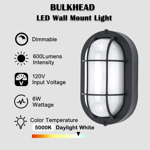 Dimmable 6W 600Lumens 5000K 1 Pack Oval Bulkhead Light Fixture, Outdoor Wall Lantern, LED Nautical and Sauna Light