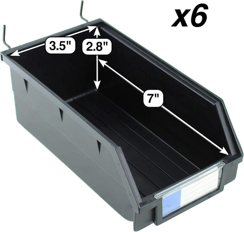 6 Pack Pegboard Bins Black Extra Large - Hooks to Any Peg Board - Organize Hardware, Accessories, Attachments