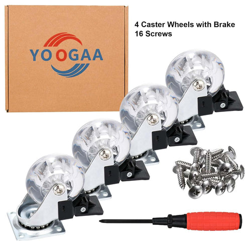 2" Caster Wheels Set of 4, Heavy Duty with Brake, Crystal Clear Swivel Plate Castors, No Noise Locking
