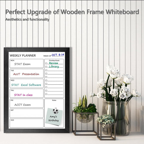 Dry Erase White Board & Weekly Calendar Board, Magnetic Whiteboard for Wall, 13“x17" Solid Wood Black Framed Message
