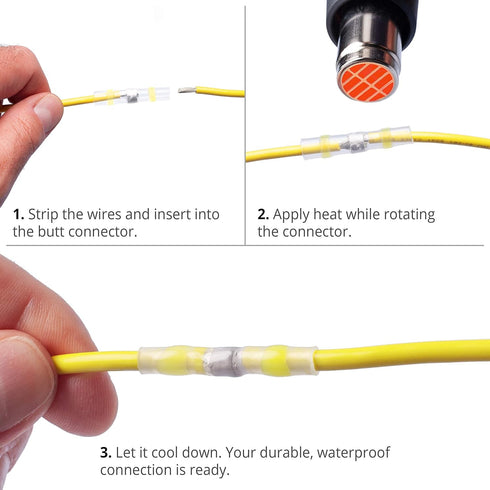 50pcs Yellow Heat Shrink Butt Connectors Kit, Waterproof Insulated Electrical Wire Connectors, Solder Seal Splice