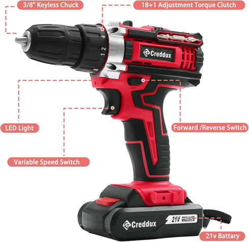 Set 21v 84pcs 3/8" 2 Cordless Drill Power Drill Cordless With Battery & Charger, Accessories Electric Drills Variable