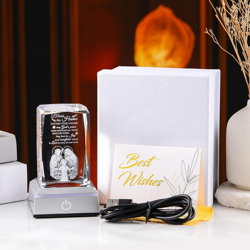 Movdyka House Warming Gifts New Home, Bless This Home Laser-Engraved Crystal Cube with Color-Changing LED Base