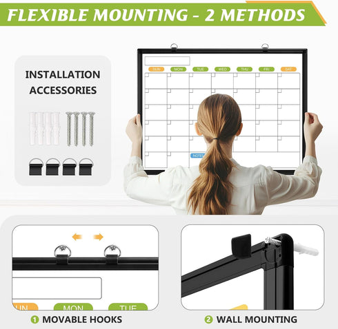 Dry Erase Calendar Whiteboard for Wall, 24" x 18" Magnetic Monthly White Board, Black Aluminum Frame for Planning,