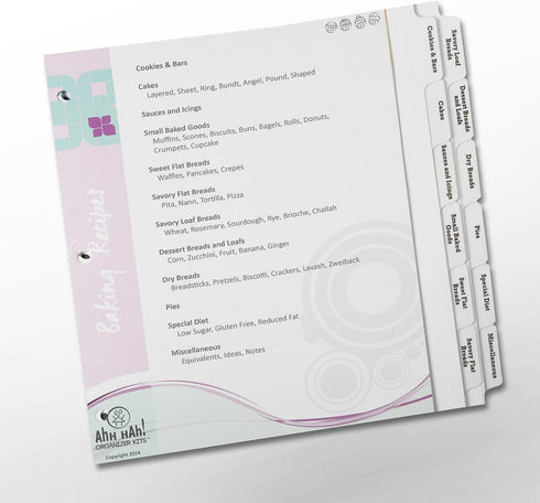 Baker's Recipe Organizer Kit: LONG Index Tabs for Three-ring Binder with Cover