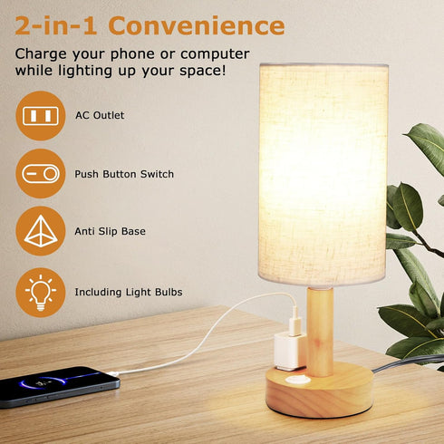 Cozy Small Bedside Table Lamp with AC Outlet, Natural Wood Base & Linen Shade, Mini Cute Warm White Nightstand Boho