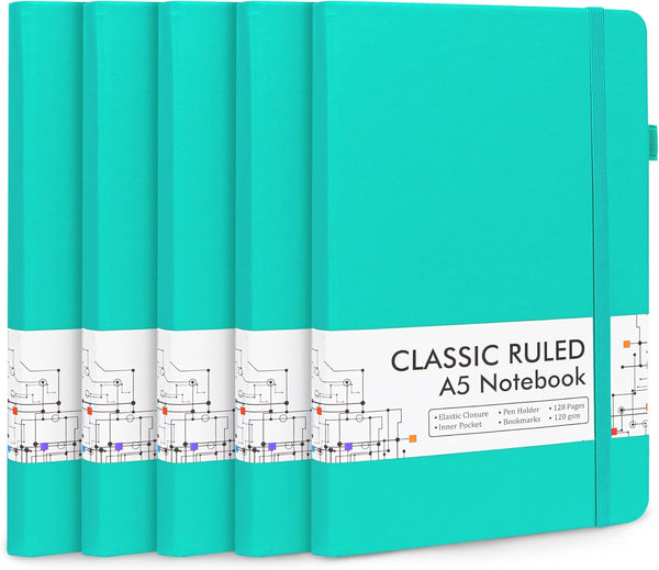 Feela 5 Pack Notebooks Journals Bulk, Hardcover Classic Ruled Journals with Pen Holder for Women, Girls, School Supplies