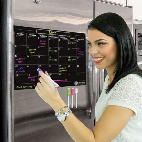 Black Magnetic Calendar for Refrigerator, Dry Erase Calendar for Family, Kids, Menu Planner, 12 x 16in with 4 Markers