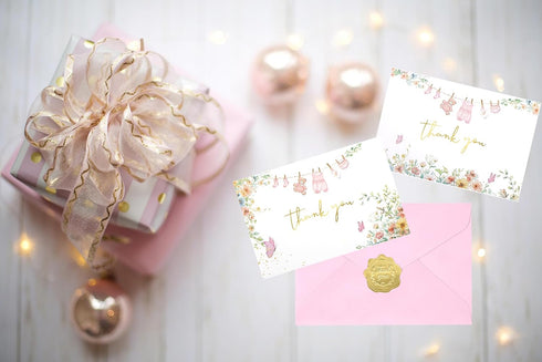 OIPKKUI 50 Pack Set Pink Baby Shower Thank You Cards Shower Pink Gold Foil Greeting Card with Envelopes And Stickers