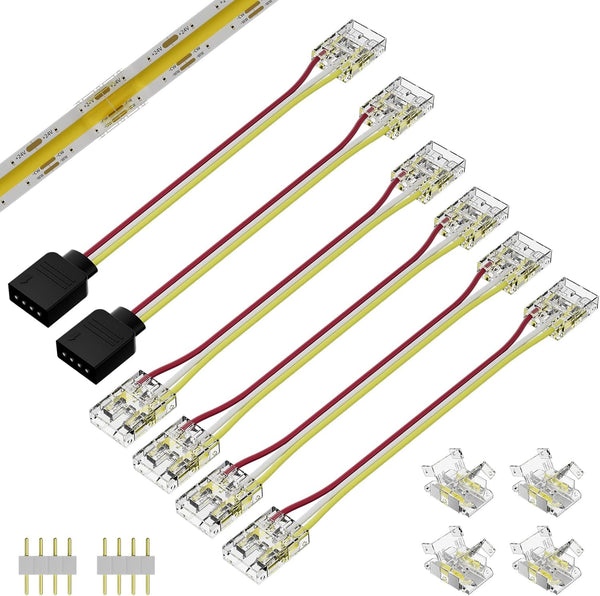 PAUTIX 10mm Connectors for CCT COB LED Strip Light, 4pcs Dual End Extension Connectors, 2pcs DC Plug Extension Wire