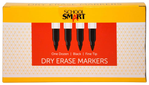 School Smart Dry Erase Pen Style Marker, Fine Tip, Black, Pack of 12 - BY1076-12BLACK
