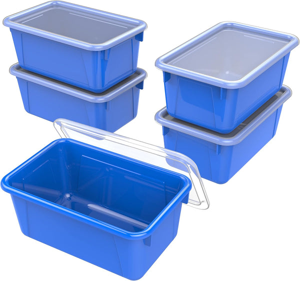 Storex Small Cubby Bins – Plastic Storage Containers for Classroom with Non-Snap Lid, 12.2 x 7.8 x 5.1 inches, Blue,