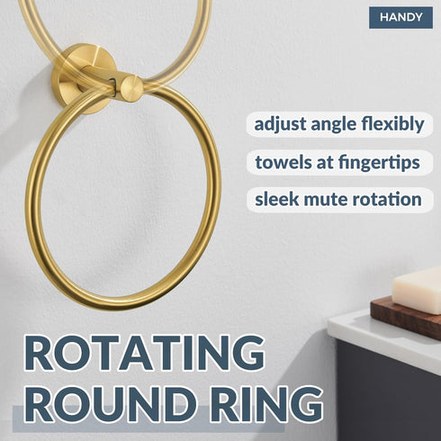 APLusee Hand Towel Ring, 304 Stainless Steel Round Towel Holder, Wall Mounted for Bathroom Kitchen, Brushed Gold