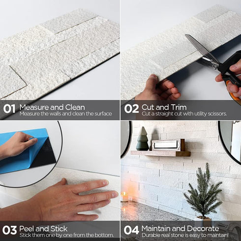 4-Sheets 3D Tic Tac Tiles Peel and Stick Self Adhesive Stick On Kitchen Backsplash Bathroom Stone Tiles (Natural White)