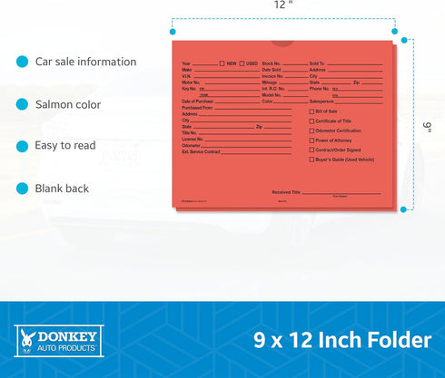 Printed Vehicle Deal Envelopes, 9x12 Deal Jackets, 100 Shrink Wrapped, Salmon
