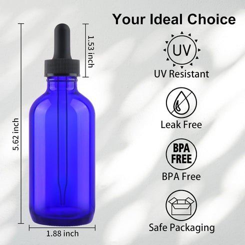 42 Pack 4oz Cobalt Blue Glass Bottles with Glass Eye Droppers for Essential Oils, Lab Chemicals & More
