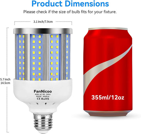 2 Pack 280W Equivalent LED Corn Light Bulb, 4000 Lumen 6500K Cool White Daylight 40W LED Corn Lamp,E26/E27 Medium Base,for Indoor Outdoor Warehouse Garage Basement Backyard Factory Barn and Many Area by FanNicoo