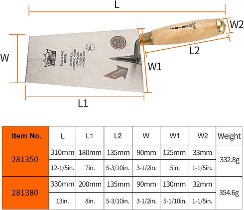 KSEIBI 281380 Narrow Bucket Brick Trowel - 8 Inch Wooden Handle Square Tip Bricklaying Trowel
