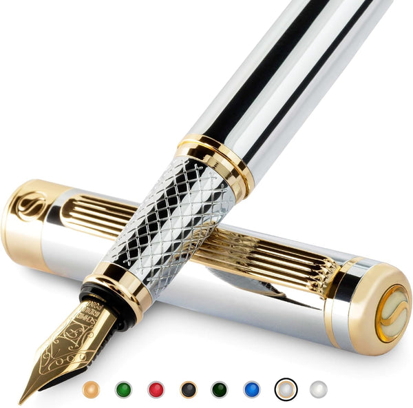 Scriveiner Silver Chrome Fountain Pen - Stunning Luxury Pen with Real Gold Finish, Schmidt Gilded Nib (Fine), Best Gift