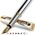 Scriveiner Silver Chrome Fountain Pen - Stunning Luxury Pen with Real Gold Finish, Schmidt Gilded Nib (Fine), Best Gift