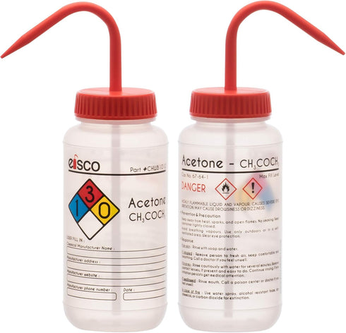 EISCO 2PK Wash Bottle for Acetone, 500ml, Labeled with Color Coded Chemical & Safety Information