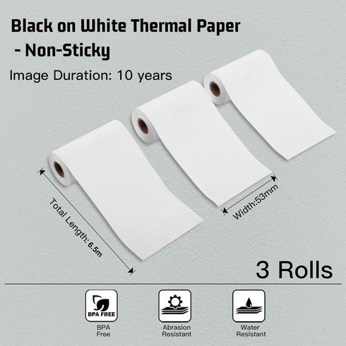 Memoking T02/M02X/M02L White Thermal Paper, 10-Year Non-Sticky 53mmx6.5m for Journal, Photo, Texts, Study Notes (3
