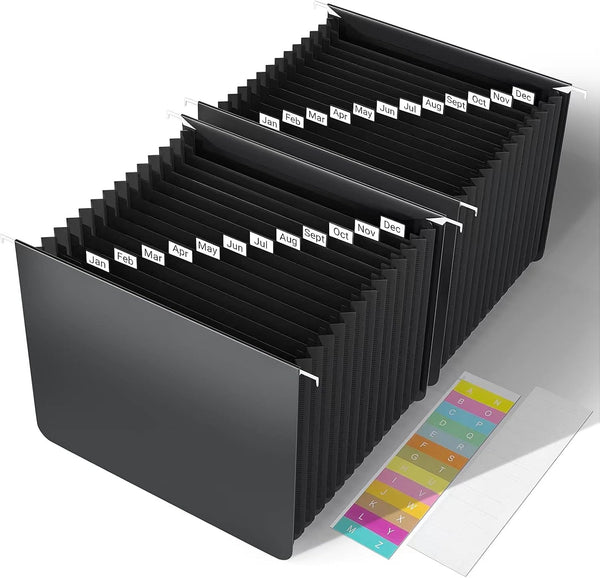 Black Hanging File Folders - Expanding File Organizer with 13 Accordion Pockets, Durable Plastic Desk Organizer