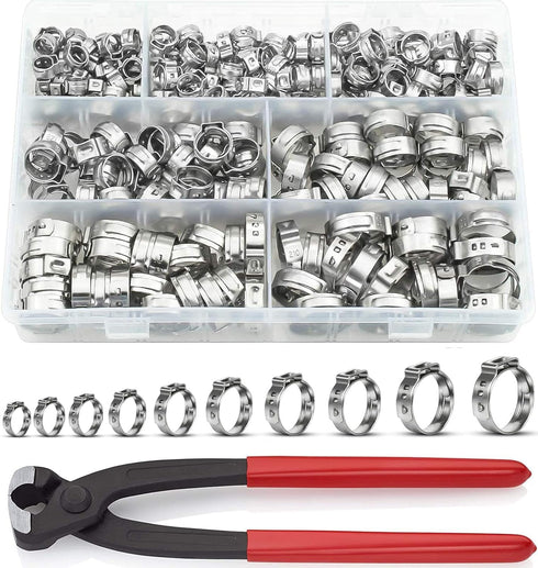 139Pcs 11 Sizes Single Ear Hose Clamps with Pliers, 304 Stainless Steel Crimp Assortment Kit