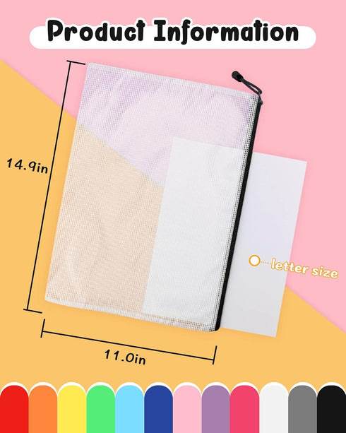 Umriox Mesh Zipper Pouch, 14.9x11.0 in (Black, 12 Packs), Extra Large Waterproof Zipper Bags for Office Supplies,