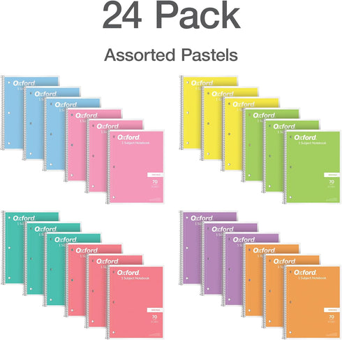 Oxford Spiral Notebook Wide Ruled, 24 Pack 1 Subject Notebooks, 8 x 10-1/2 Inch, 70 Sheets in 8 Pastel Colors