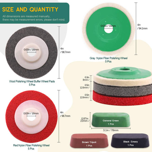 Keadic 13Pcs Wool Felt Polishing Wheel Disc Kit, 100mm×8mm for 4" Angle Grinder, Buffing & Polishing Compounds