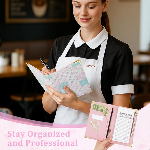 Server Books for Waitress, Faux Leather Server Book with Zipper Pocket, Cute Serving Book with Pen Holder Fits Servers