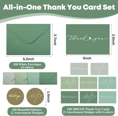 Supervitae 100 Pack 3.5 5 Inch Green Thank You Cards Bulk with Envelopes and Stickers x Thank You Cards for Baby Shower