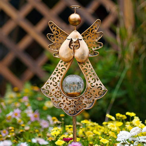 40.5 inches Starryfill Angel Stake Solar Lights with Crackle Glass Globe Waterproof Warm White LED, Height Metal Bronze