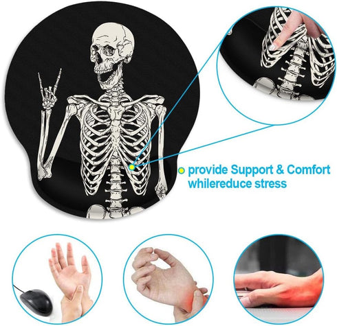 Britimes Ergonomic Mouse Pad with Wrist Support, Black Human Skeleton Skull Non-Slip Base for Home Office Gaming