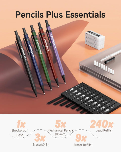 Four Candies 5PCS Metal Mechanical Pencil Set - 0.5 mm Mechanical Pencils with Dual Spring, Vintage Barrels, 240 HB #2 Lead Refills, 3 Erasers and 9 Eraser Refills for Writing, Drafting, Drawing by Four Candies