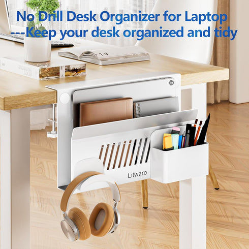 Litwaro Desk Side Storage, Hanging Organizer with Magnetic Pen Holder, Laptop Holder for Standing Desk, White