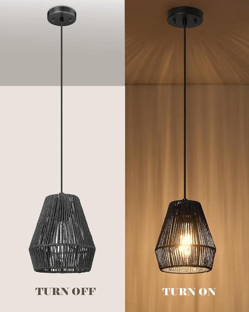 7" Woven Pendant Light Fixtures, ELYONA Farmhouse Coastal Hanging Lamp with Matte Black Handwoven Rattan Basket Shade