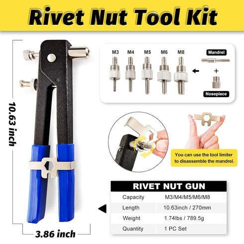 Kadrick 560PCS (M3 M4 M5 M6 M8), 16" 5 Rivet Nuts Tool Kit with Metric Threaded Rivets Heavy-Duty Rivet Nut Gun